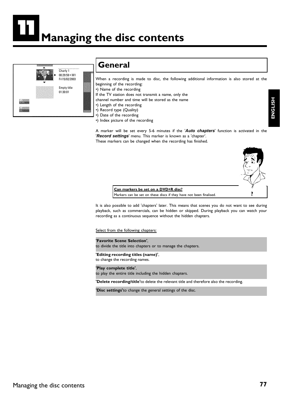 Managing the disc contents, General | Philips DVDR 77/00 User Manual | Page 85 / 116