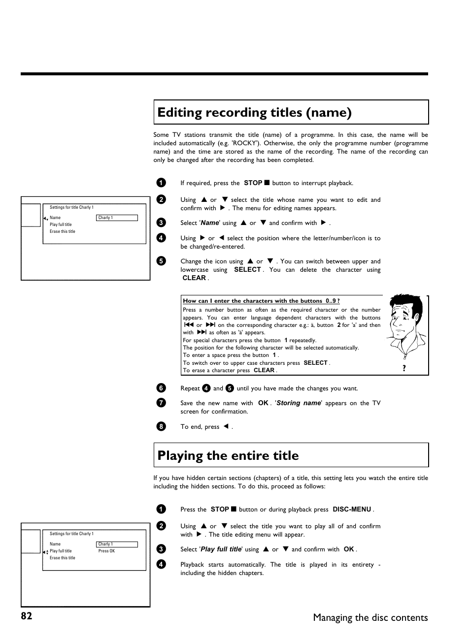 Editing recording titles (name), Playing the entire title, Managing the disc contents | Philips DVDR 77/00 User Manual | Page 90 / 116