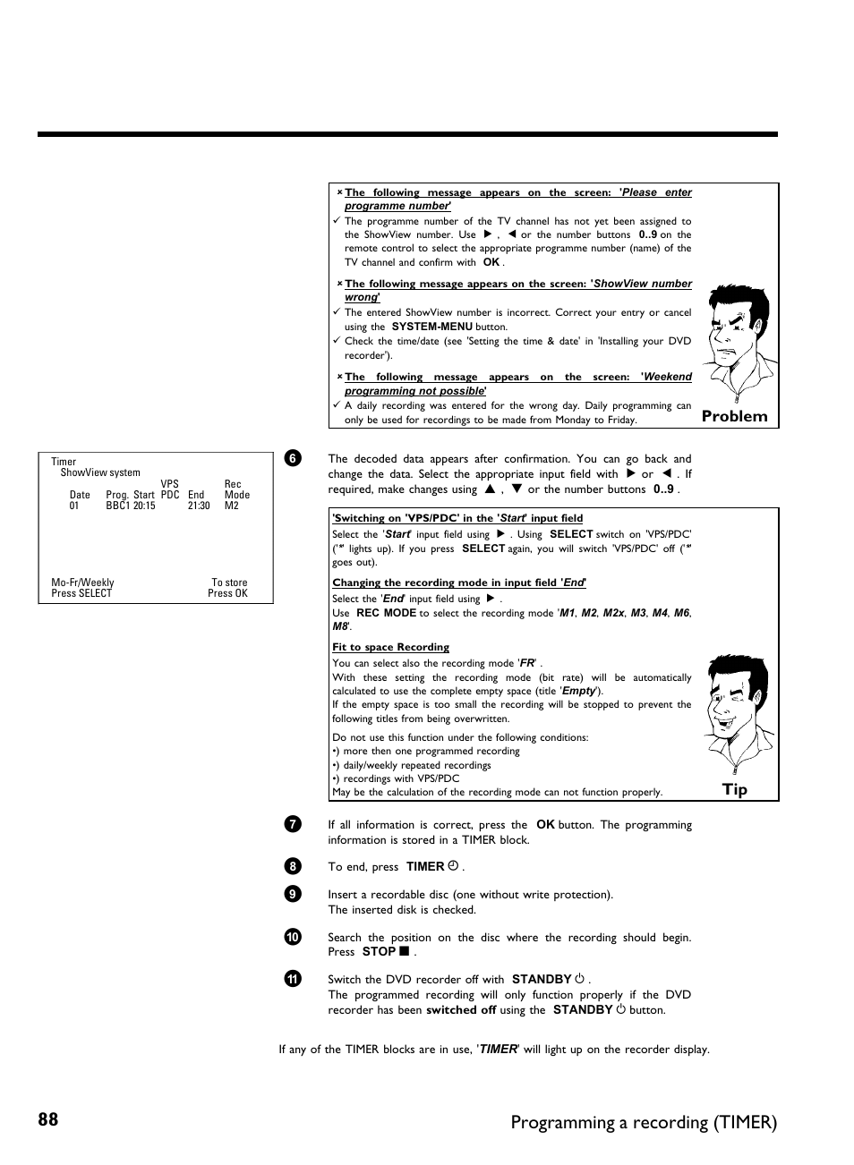 Programming a recording (timer), Problem | Philips DVDR 77/00 User Manual | Page 96 / 116