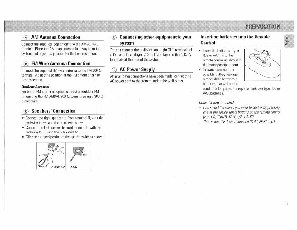 A) am antenna connection, D fm wire antenna connection, Outdoor antenna | C) speakers' connection, Inserting batteries into the remote control | Philips FW510C User Manual | Page 11 / 76