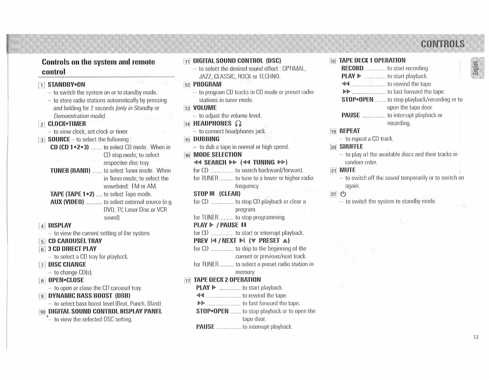 Controls on the system and remote control, Il' stanijbveon, 2 clock'timf.r | 4! display, 71 disc change, 9i dynamic bass boost (dbb), 10 digital sound control display panel, 11 digital sound control (dsc), Program, 113 volume | Philips FW510C User Manual | Page 13 / 76