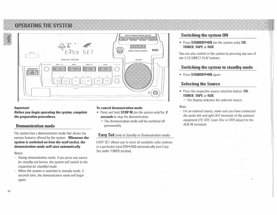 Switching the system on, Demonstration mode, To cancel {femonstration mode | Switching the system to standby mode, Solocting tlio source, Standby | Philips FW510C User Manual | Page 14 / 76