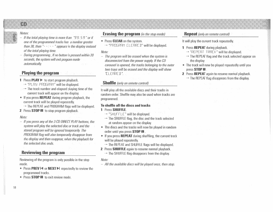 I:ii, Playing the prqgrai, Ttoviuwiiifi tiui {ootiiaiii | Erasing the program (in the stop mode), To shuffle ail the discs ami tracks | Philips FW510C User Manual | Page 18 / 76