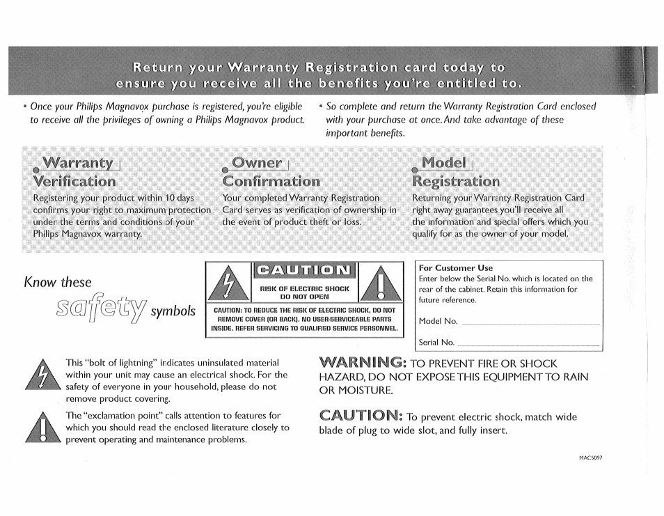 Warranty i verification, Owner i confirmation, Model i registration | Advantage of these important benefits, Waininc, S to prnvrnt fire, Hazard, do not, Equipment to, Fully insert, Or shock | Philips FW510C User Manual | Page 2 / 76