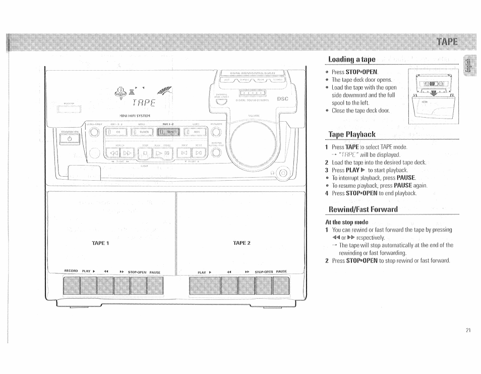 Loading a tap, Rewind/fast forward | Philips FW510C User Manual | Page 21 / 76