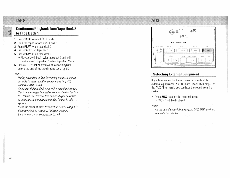 Continuous playback from tape deck 2 to tape deck, Selectinii ektertial etjuipmeiit | Philips FW510C User Manual | Page 22 / 76