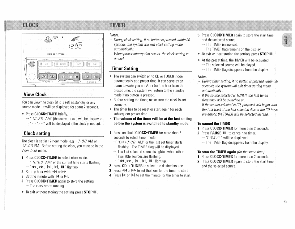 To cancel the timer, Tllhilí, Clock | Timer setting | Philips FW510C User Manual | Page 23 / 76