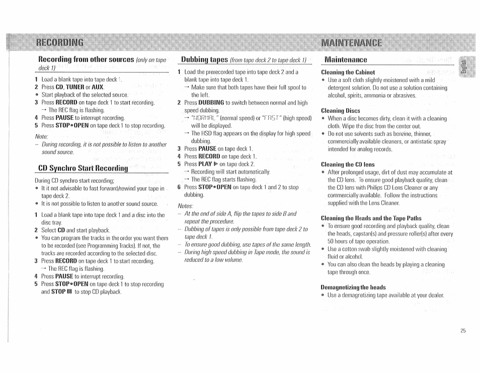 Cd synchro start recording, Cleaniihj the ciiliiiict, Cloaiiiiiy discs | Cleaniny the cd lens, Cleaniny the heads arid the tape paths, Recordiiicj from other sources, Duhliinfl topes, Cd synchro | Philips FW510C User Manual | Page 25 / 76