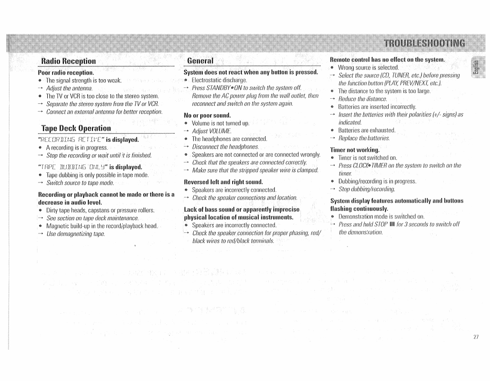 Radio reception, General, Tape deck operation | Remote control has no effect on the system | Philips FW510C User Manual | Page 27 / 76