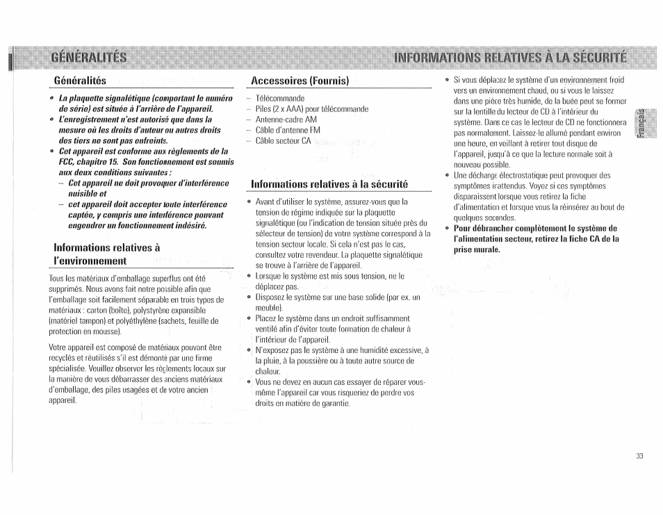 Généralités, Accessoires (fournis), Informations reletiïes à renvironiienient | Informations relatives à la sécurité, Informations reletiïes à | Philips FW510C User Manual | Page 33 / 76
