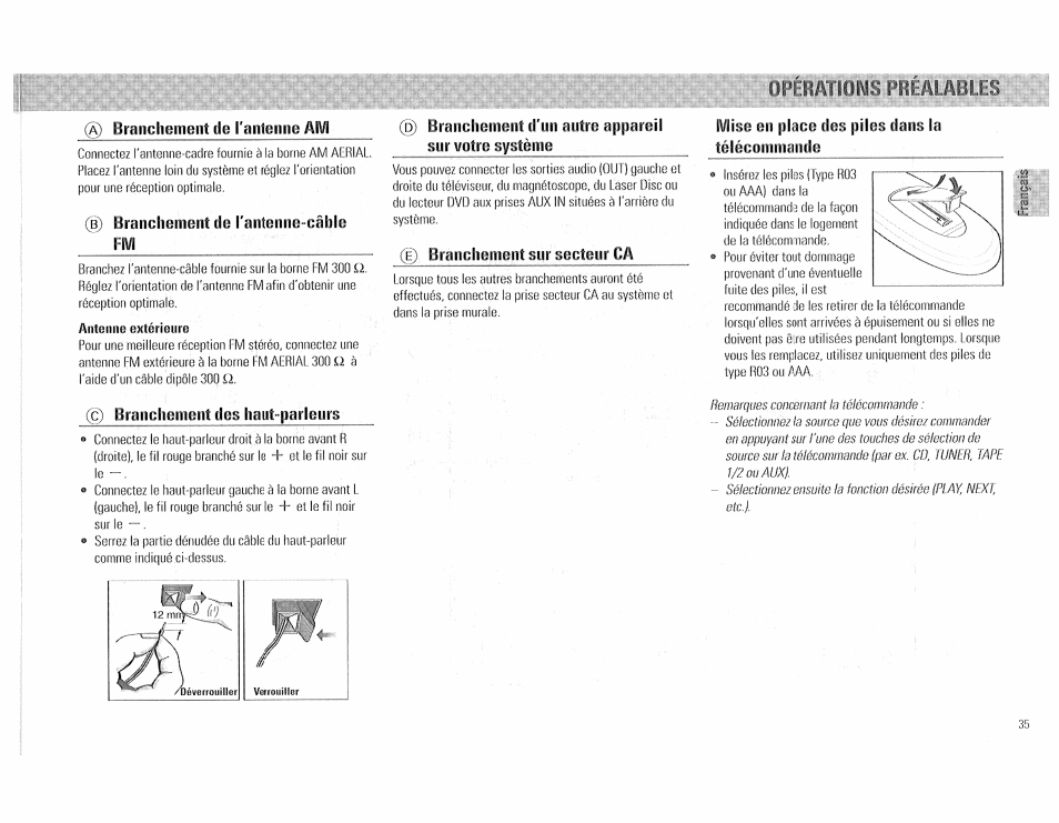 À) branchement de l'antenne am, B) branclienient de raiiteiine-câble, Antenne extérieure | Ç) branchement des haut-parleurs, Mise en place des piles dans la télécommande, Operations prealables | Philips FW510C User Manual | Page 35 / 76