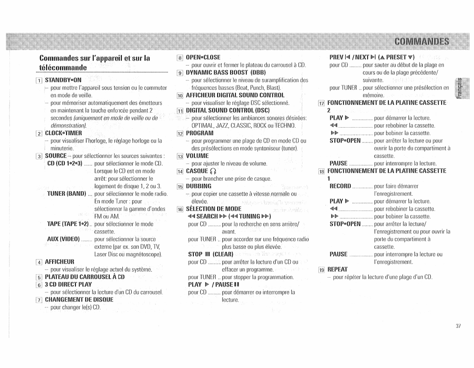 Commandes sur l'apiiareil et sur la télécommande, Standby«on, Clock*timer | Afficheur, Changement de disque, S; open-close, 9 dynamic bass boost (ubb), 15 dubbing, 16 sélection de mode, 4 search ►► tüning ►►) | Philips FW510C User Manual | Page 37 / 76