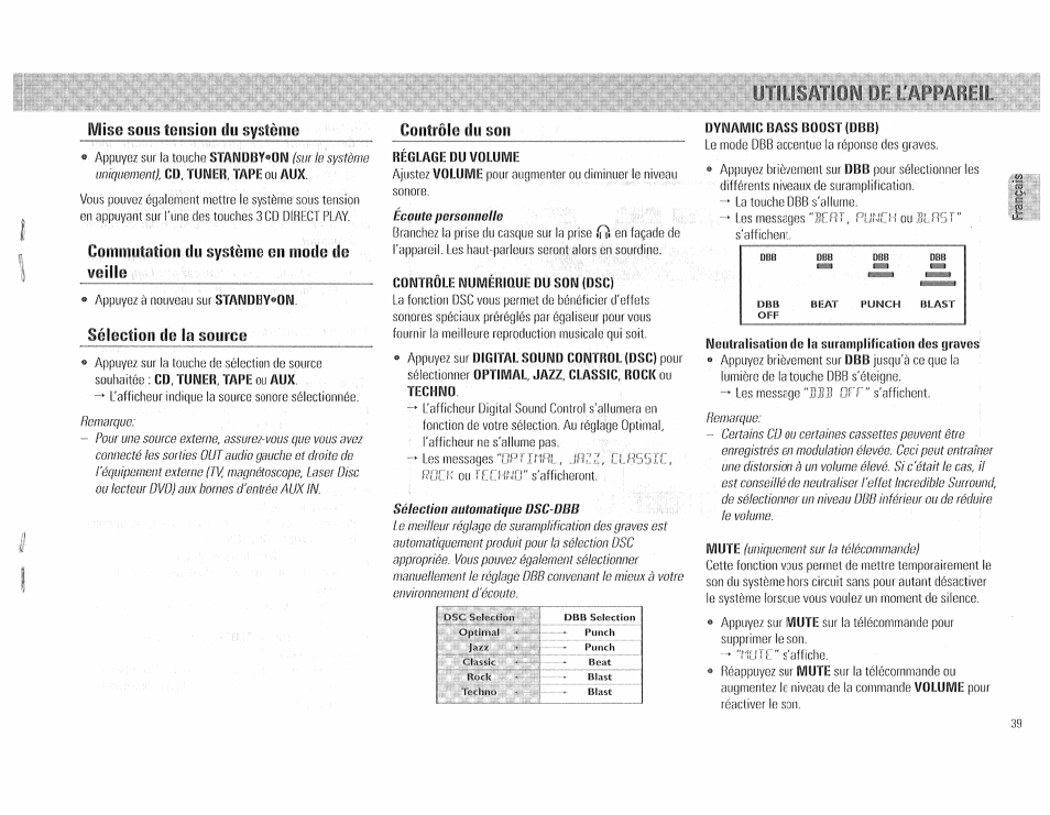 Mise sous tension du système, Coininutatioii du système en mode de veille, Sélection de la source | Contrôle du son, Réglage du volume, Contrôle numérinue du son (dsc), Neutralisation de la suramplification des graves, Coininutatioii du système en mode de | Philips FW510C User Manual | Page 39 / 76