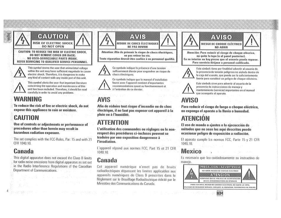 Caution, Canada, Aviso | Atención, México, Waiilii | Philips FW510C User Manual | Page 4 / 76