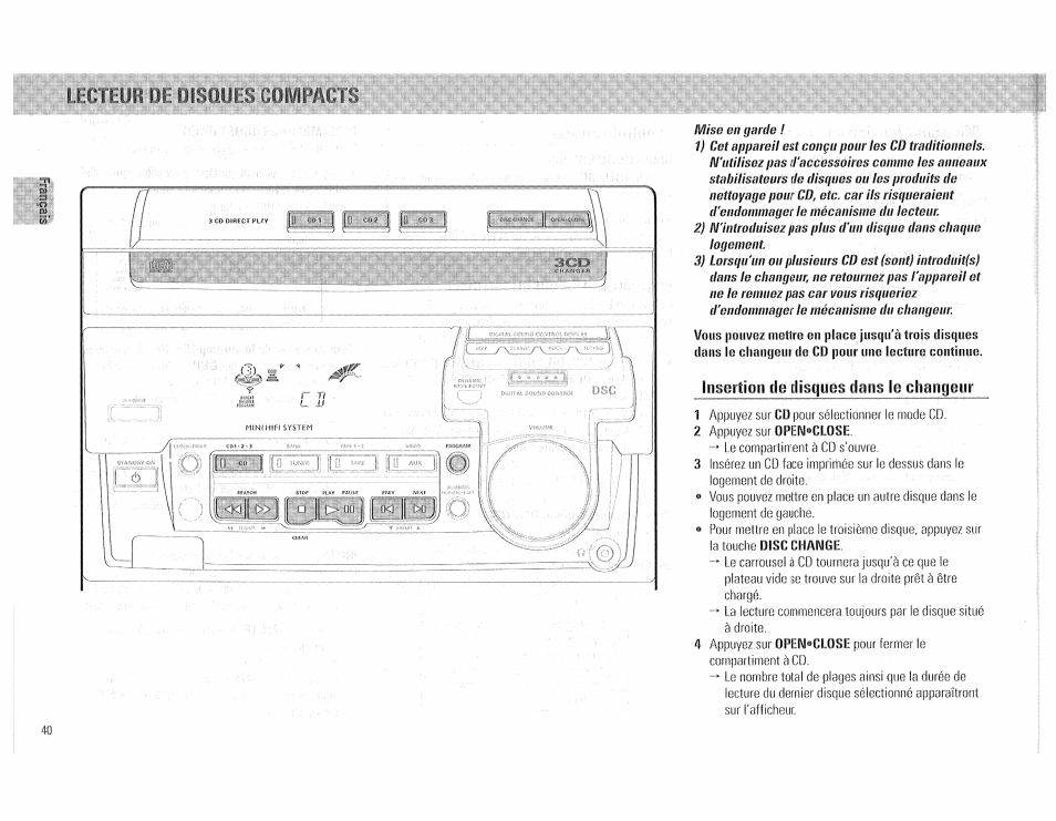 Insertion de disques dans ig changeur, Insertion, De disques dans i | Changeur | Philips FW510C User Manual | Page 40 / 76