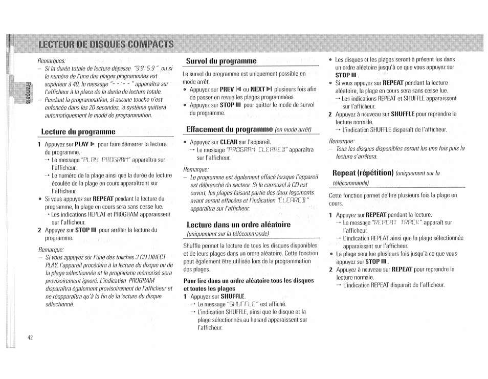 Lecture du programme, Survol du programme, Effacement du programme (en mode am | Lecture dans un ordre aléatoire, Effacement | Philips FW510C User Manual | Page 42 / 76