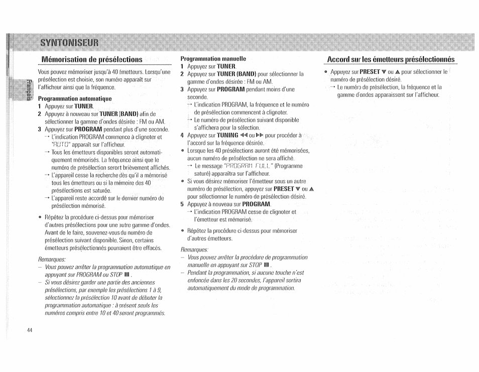 Mémorisation de présélections, Programmation manuelle, Accord sur les émetteurs présélectionnés | Philips FW510C User Manual | Page 44 / 76