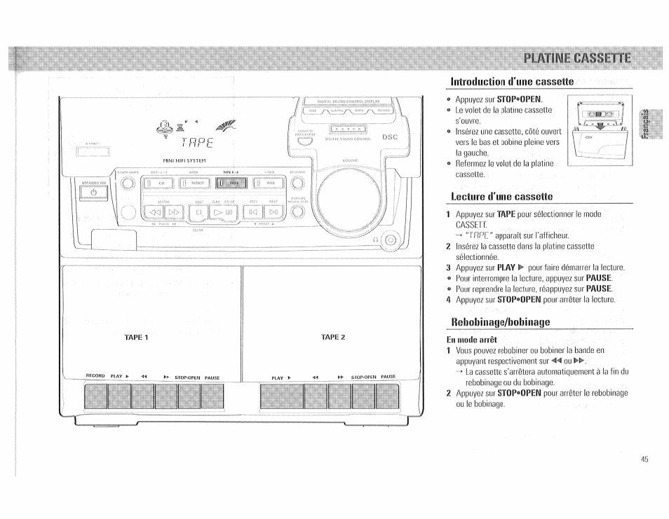 Platlie cassette, Introduction d'une cassette, Rebobinage/bobinage | Philips FW510C User Manual | Page 45 / 76