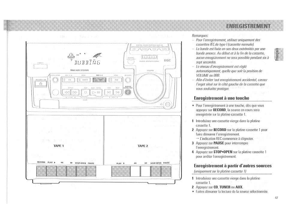 Eiiregistremeiità une touche, Enregistrement à partir d'antres sources, Eiiregistremeiità | Touche, À partir d'antres sources | Philips FW510C User Manual | Page 47 / 76