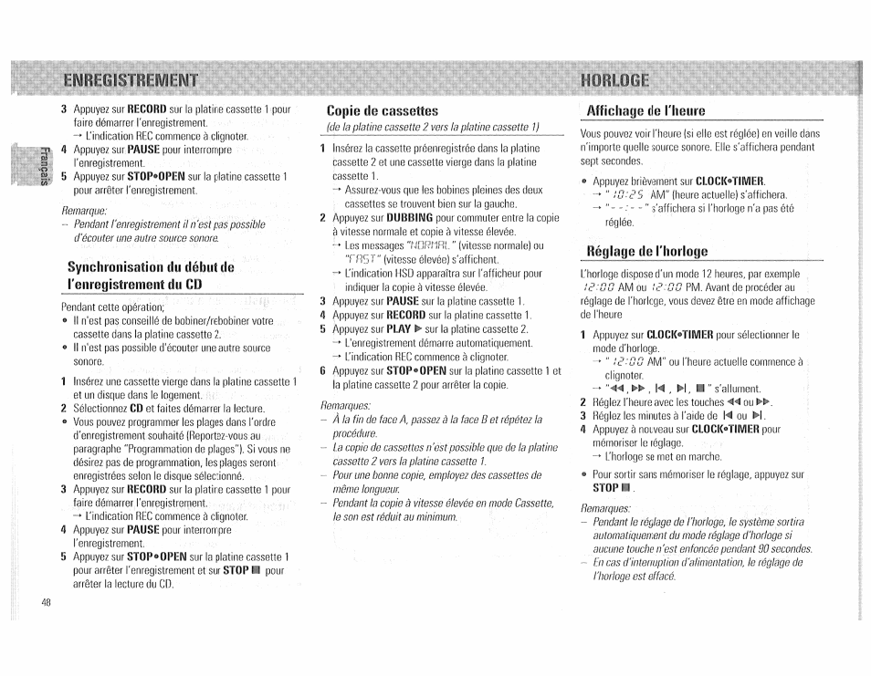 Copie de cassettes, Affichage de l'heure, Réglage de l'horloge | Lllìill.lllili | Philips FW510C User Manual | Page 48 / 76