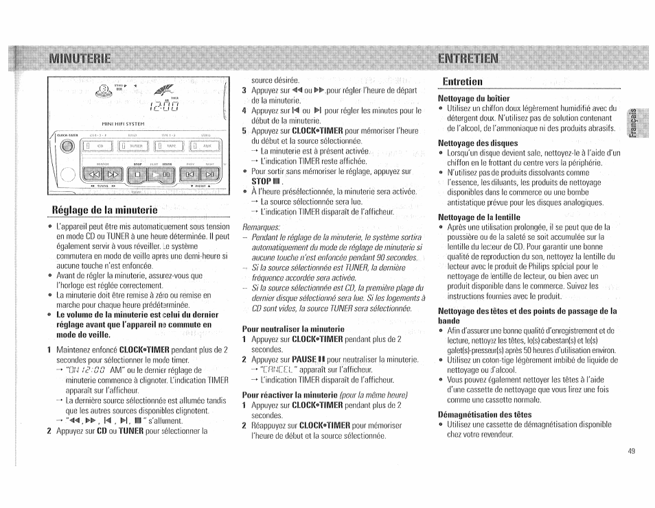 Réglage de la iniiuitorie, Pour neutraliser la minuterie, Entretien | Ivilwirriilllt | Philips FW510C User Manual | Page 49 / 76