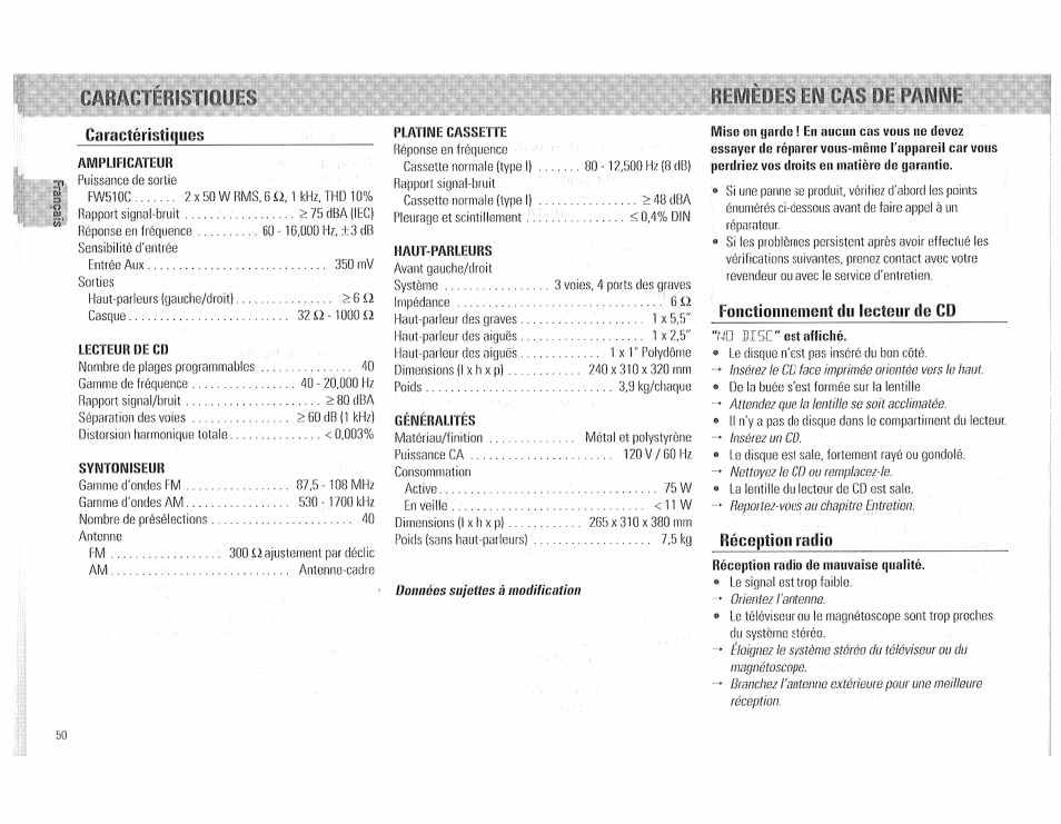 Caractéristiques, Lìti, Mm\w | Philips FW510C User Manual | Page 50 / 76