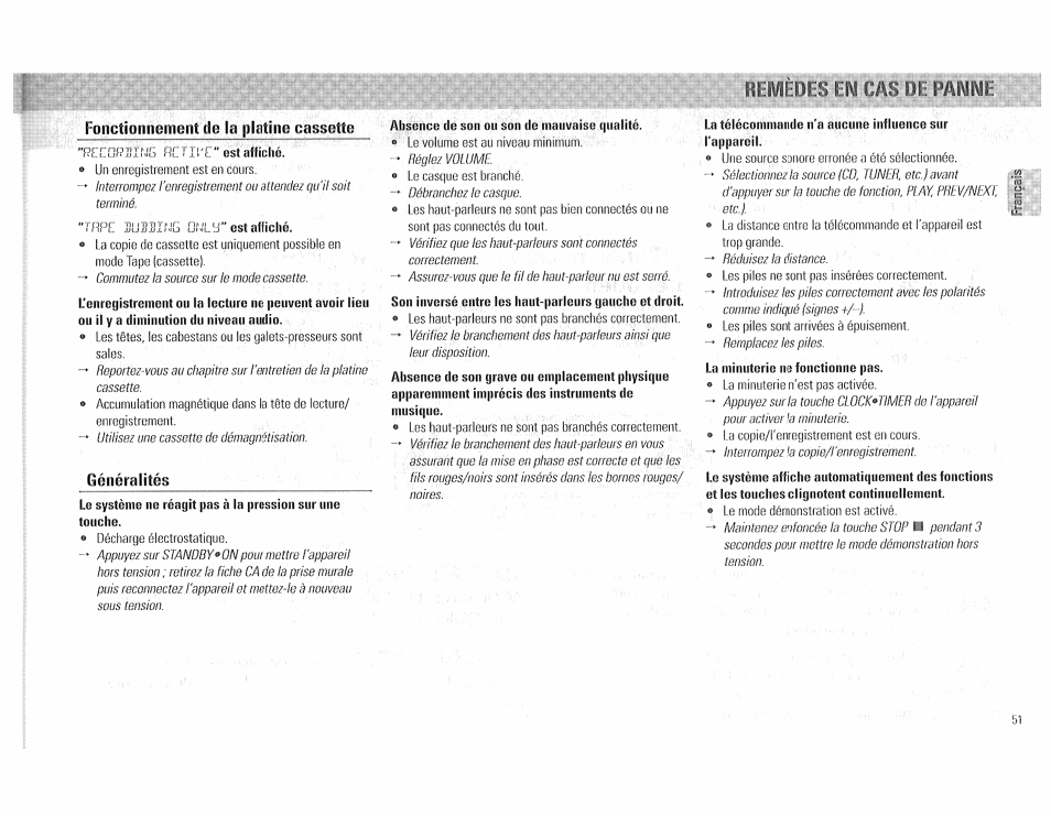 Fonctionnement de la platine cassette, Généralités, Absence de son ou son de mauvaise qualité | Remedes en, Cas de panne | Philips FW510C User Manual | Page 51 / 76