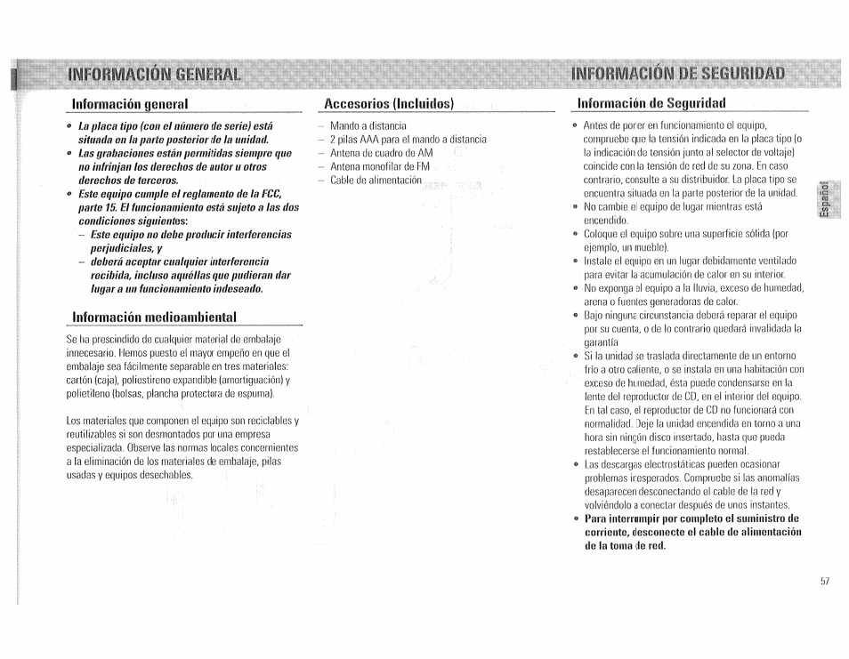 Informacion de seguridad, Liilmiihicióii do kihjiiridml | Philips FW510C User Manual | Page 57 / 76