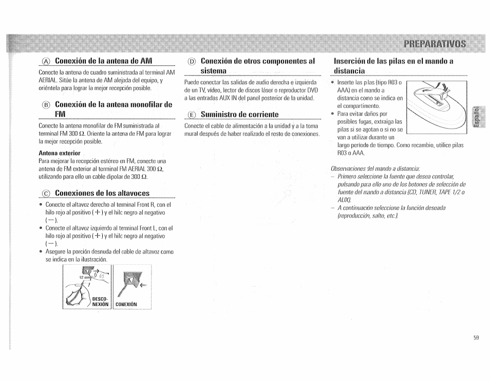 Á) conexión de la antena de am, Antena exterior, C) conexiones de los altavoces | Philips FW510C User Manual | Page 59 / 76