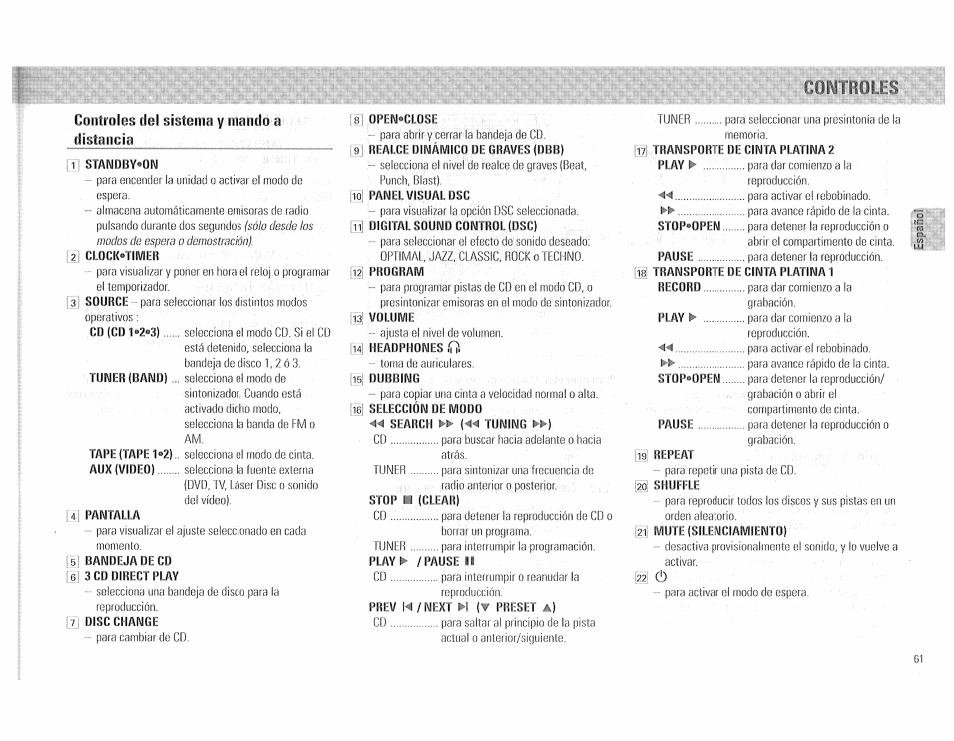 Controles del sistema y mando a distancia, 1 standby‘on, 2 ciock^rimlih | 6 3cd direct play, 7j disc change, 8 open«ci.osi, 13 volume, 14 headphones .q, 16 selección ue modo, Stop ■ (clear) | Philips FW510C User Manual | Page 61 / 76