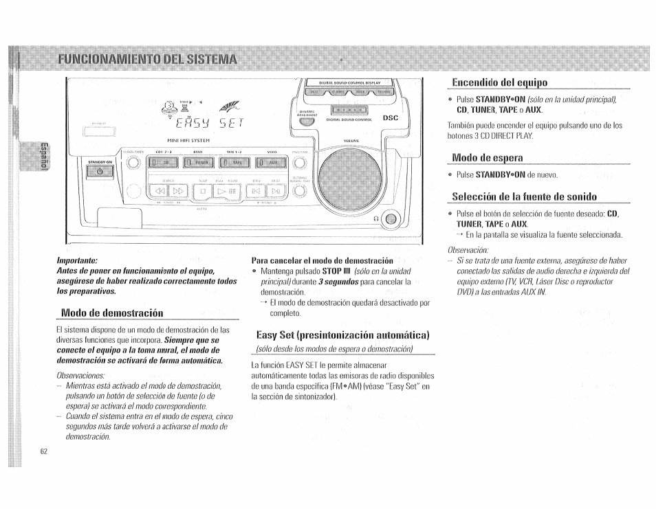 Fuicioiamieito iel sistema, Modo de demostración, Iincoiìdido deljm|iiijjo | Liasy set (|iresiiitoiiización automática), Modo de espera, Selección de la fuente de sonido | Philips FW510C User Manual | Page 62 / 76