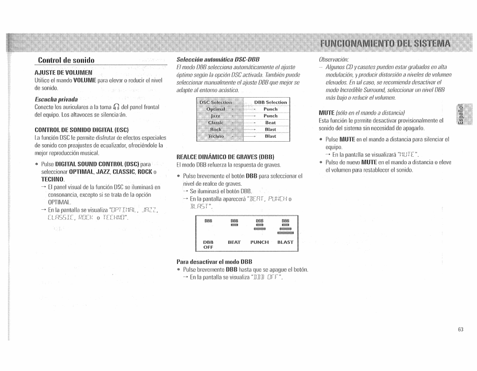 Control do sonido, Ajuste de volumen, Control de sonido digital (dsc) | Realce dinámico de graves (dbb), Para desactivar el modo dbb, N la pantalla aparecerá "blírr, Mute | Philips FW510C User Manual | Page 63 / 76