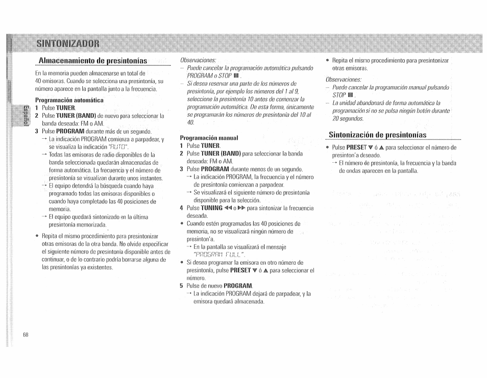 Síiw'i'itmizñimi, Alinaceiiariiiento de presiiitonlas, Programación manual | Int(iiü2thuón do {minitiíinntp | Philips FW510C User Manual | Page 68 / 76