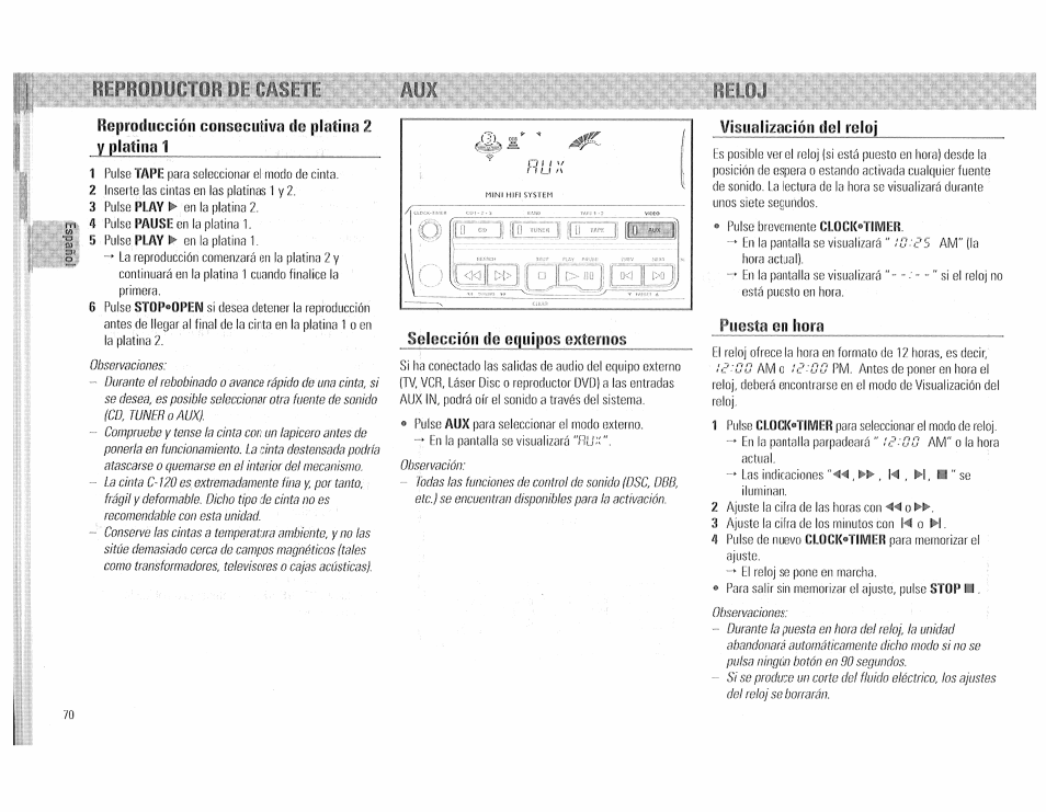 Reproducción consecutiva do platina 2 у platina 1, Kclocción do equipos externos, Visualización del reloj | Puesta gil llora, Reproducción consecutiva do platina 2, Equipos externos, Llora | Philips FW510C User Manual | Page 70 / 76