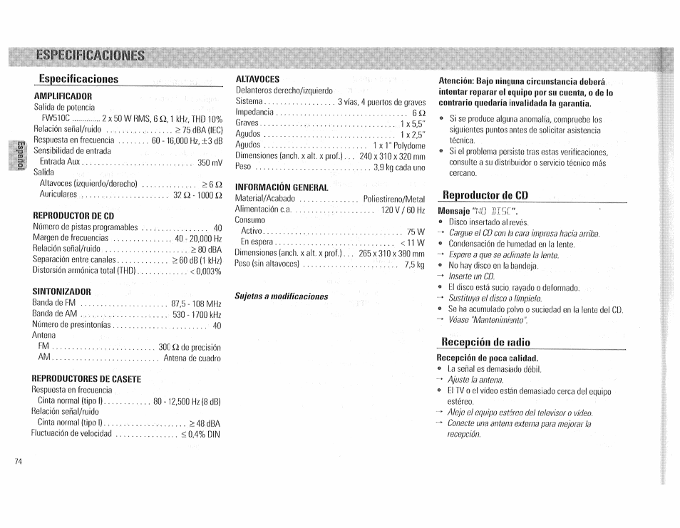 Especificaciones, Amplificador, Reproductor de cd | Sintonizador, Reproductores de casete, Altavoces, Información general, Reproductor do oi), Mensaje, Du radio | Philips FW510C User Manual | Page 74 / 76