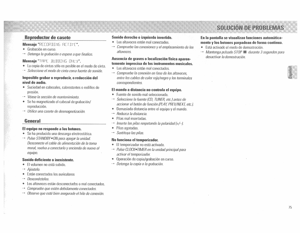 Solucion de problemas, Reproductor de casete, General | Sonido deficiente o inexistente, Sonido derecho e izquierdo invertido, Íctií'c | Philips FW510C User Manual | Page 75 / 76