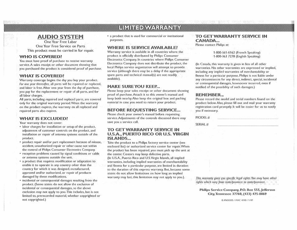 Who is covered, What is covered, What is excluded | Where, Sure you, Before, Site wariiantt stirvioi in u.s,a., puerto rico or, Virgin islands, Canada, Remember | Philips FW510C User Manual | Page 8 / 76