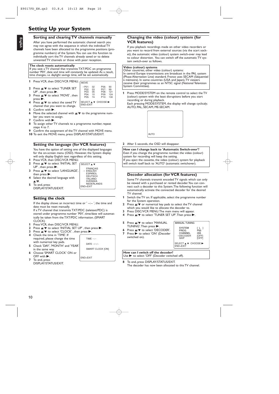 Setting up your system, Setting the clock, Decoder allocation (for vcr features) | Sorting and clearing tv channels manually, Setting the language (for vcr features) | Philips ShowView MX5100VR/02 User Manual | Page 10 / 24