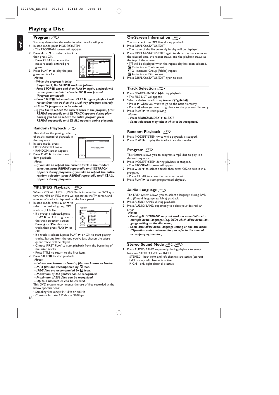 Playing a disc, Program, Random playback | Mp3/jpeg playback, On-screen information, Track selection, Audio language, Stereo sound mode | Philips ShowView MX5100VR/02 User Manual | Page 18 / 24