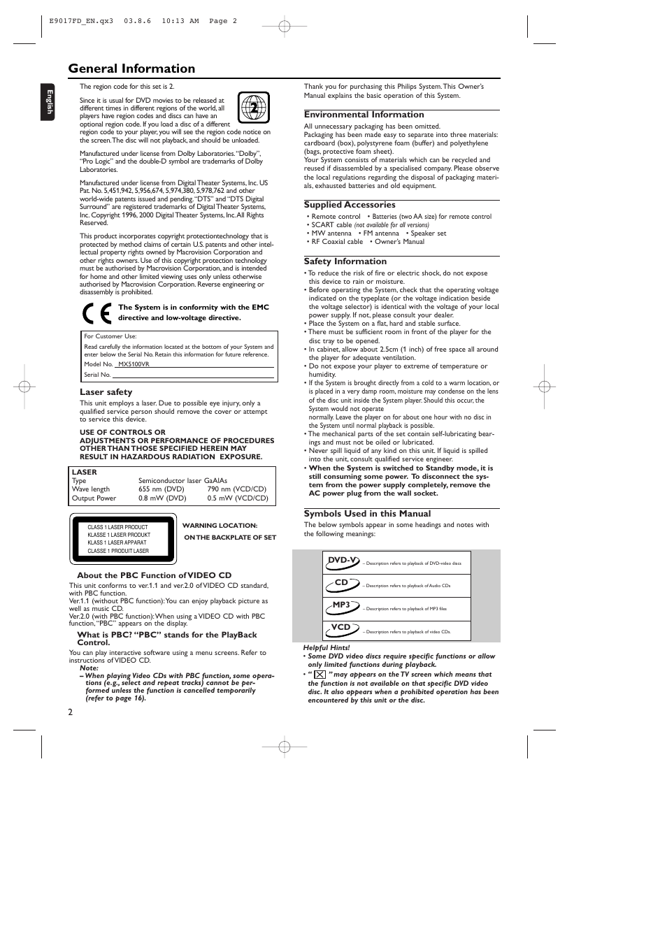 General information | Philips ShowView MX5100VR/02 User Manual | Page 2 / 24