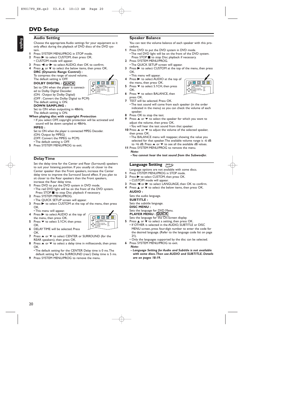 Dvd setup, Language setting, Audio setting | Delay time, Speaker balance | Philips ShowView MX5100VR/02 User Manual | Page 20 / 24