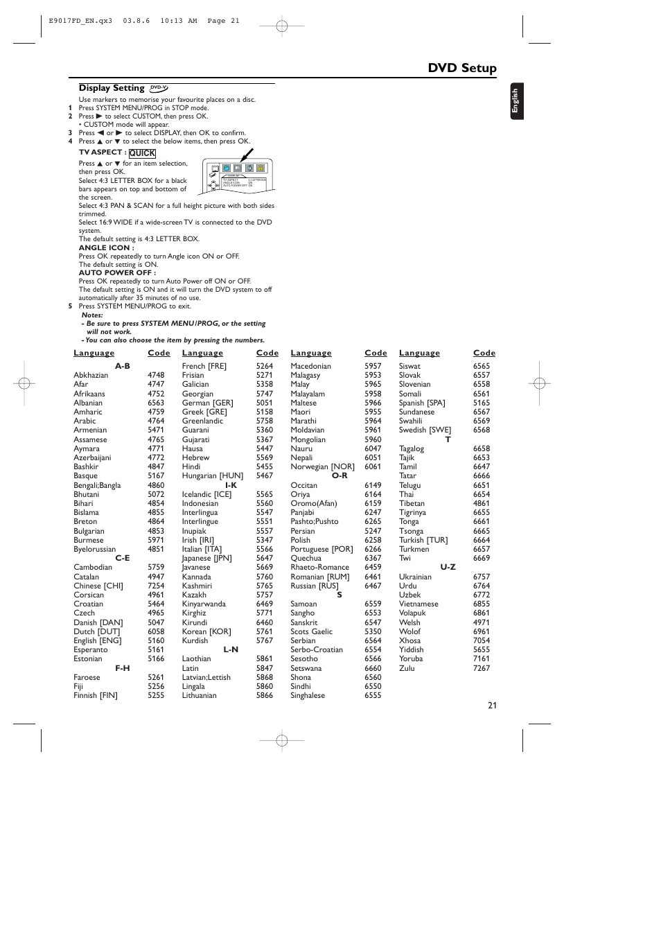 Dvd setup | Philips ShowView MX5100VR/02 User Manual | Page 21 / 24