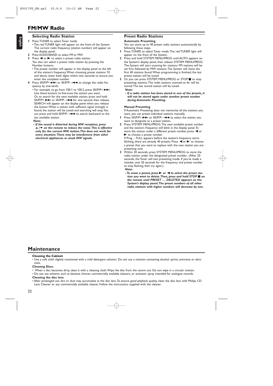 Fm/mw radio, Maintenance | Philips ShowView MX5100VR/02 User Manual | Page 22 / 24