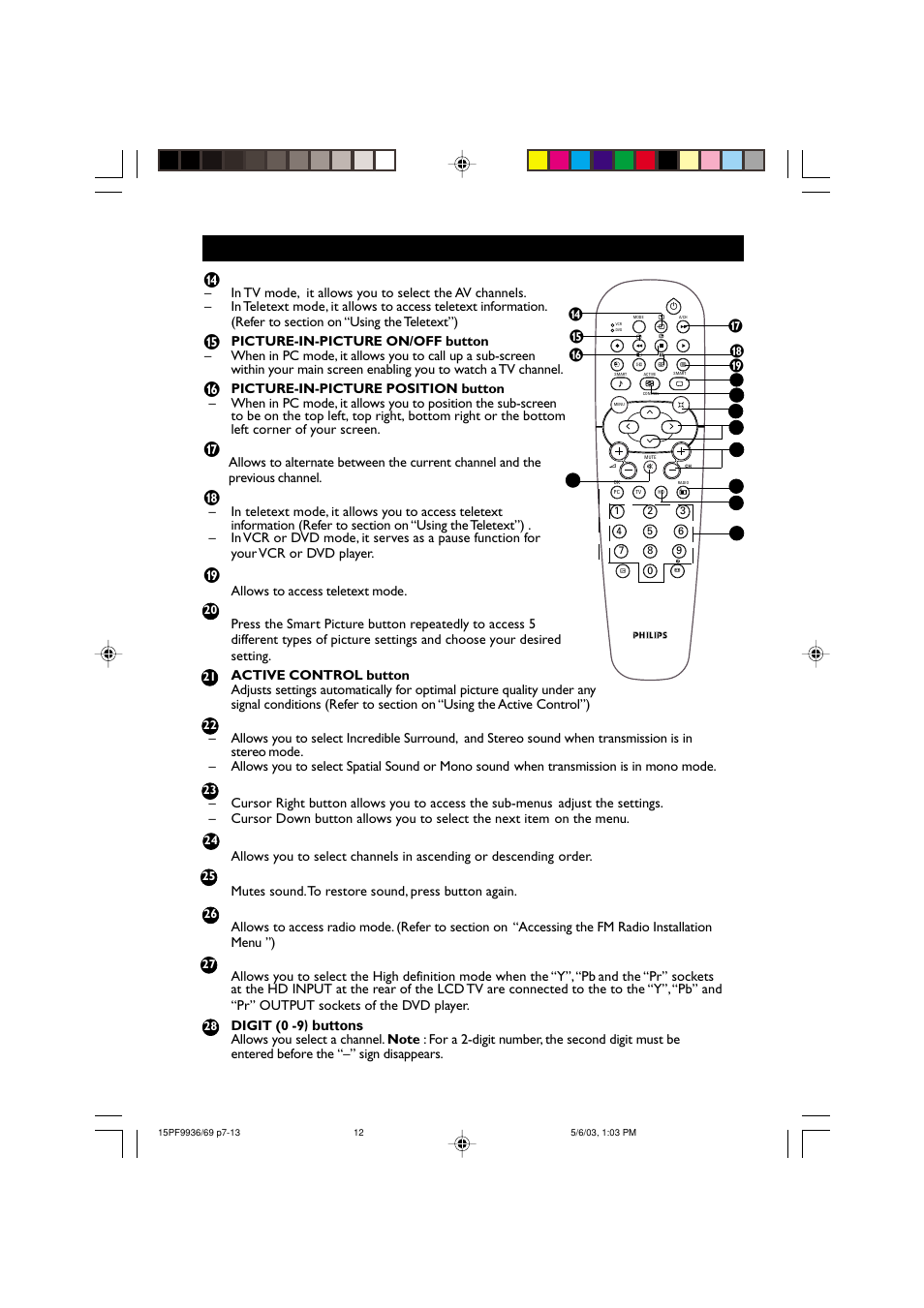 Unctions, Emote, Ontrol | Philips 15PF9969 User Manual | Page 12 / 51