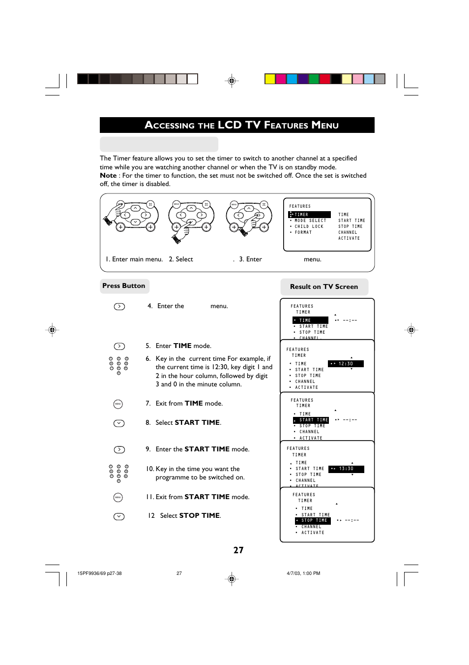 Lcd tv f, Ccessing, Eatures | Exit from start time mode. 12 select stop time, Ctivating the, Result on tv screen | Philips 15PF9969 User Manual | Page 27 / 51