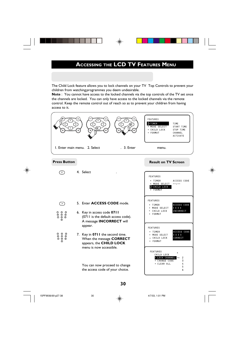 Lcd tv f, Ccessing, Eatures | Ctivating the, Hild, Ccess | Philips 15PF9969 User Manual | Page 30 / 51
