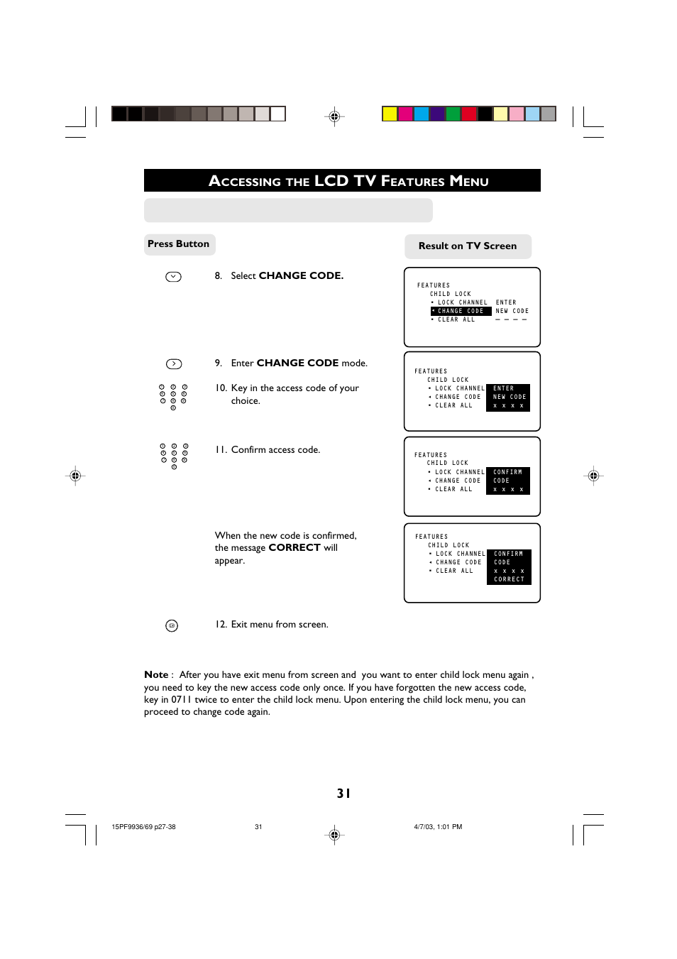Lcd tv f, Ccessing, Eatures | Result on tv screen, Ctivating the, Hild, Hange | Philips 15PF9969 User Manual | Page 31 / 51