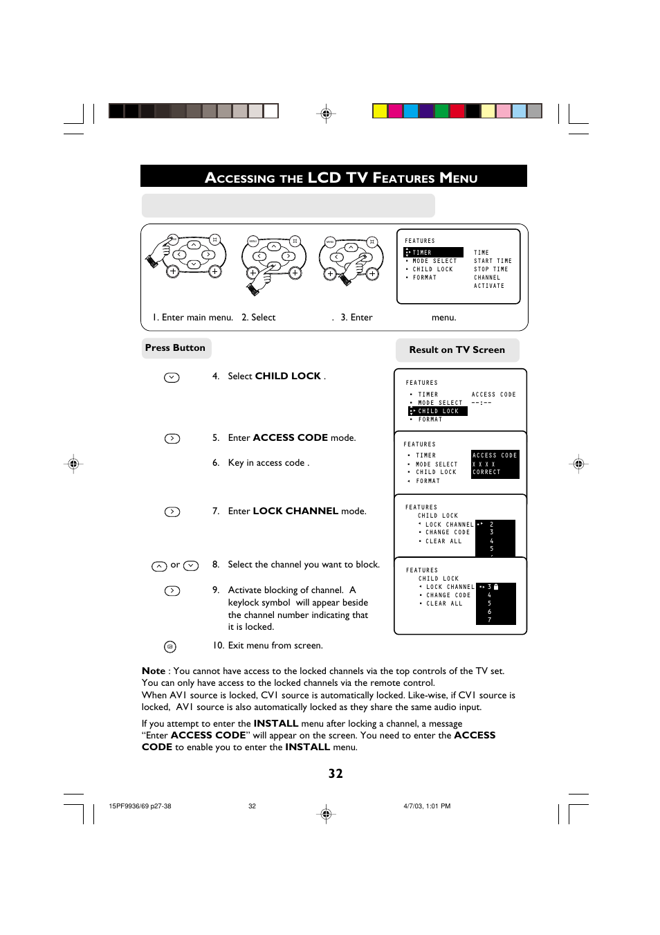 Lcd tv f, Ccessing, Eatures | Philips 15PF9969 User Manual | Page 32 / 51