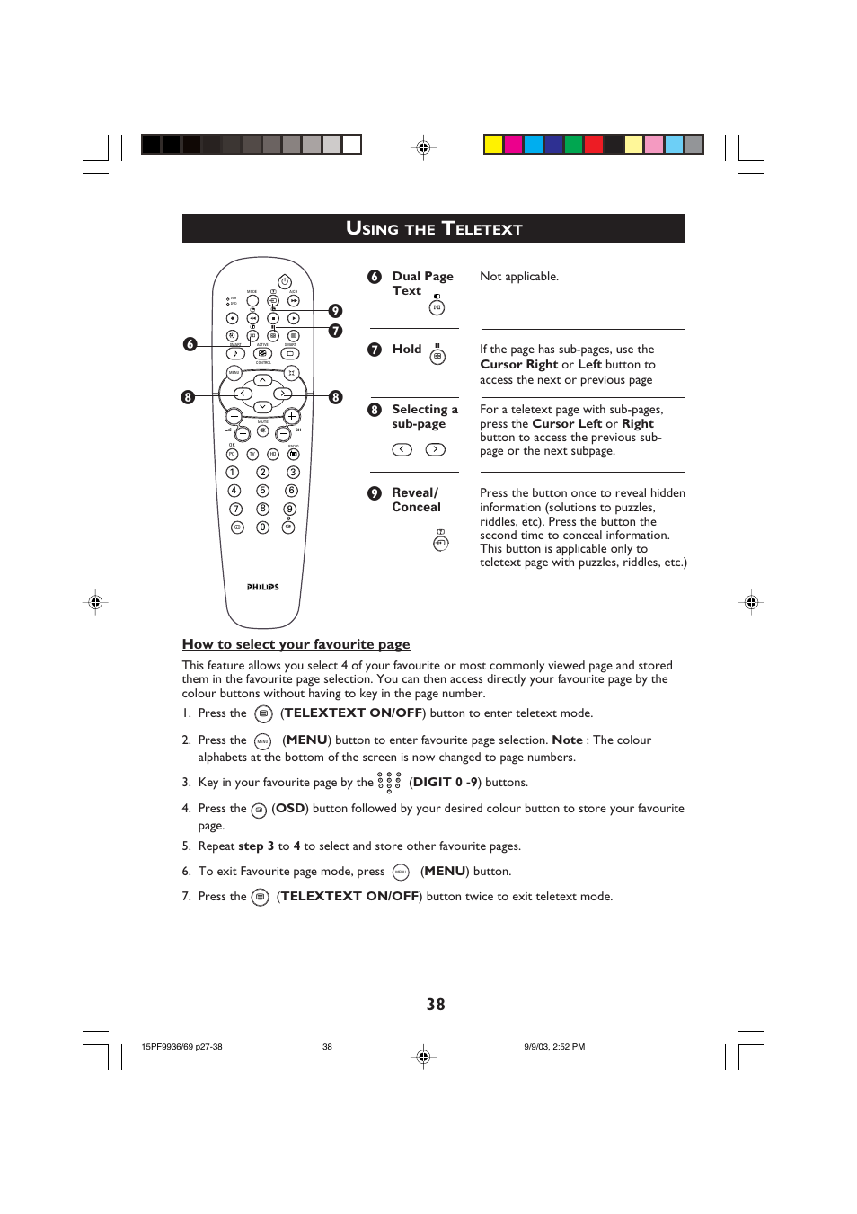 How to select your favourite page, Sing, Eletext | Digit 0 -9 ) buttons. 4. press the, Menu ) button. 7. press the, И ! ! з | Philips 15PF9969 User Manual | Page 38 / 51