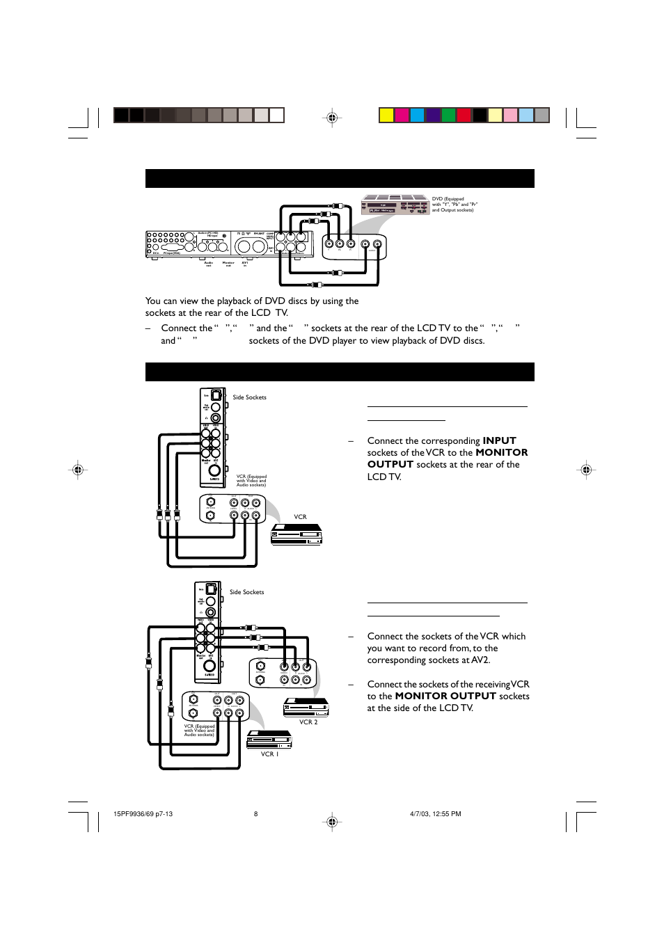 Connection for recording from the tv channel, Onnecting, Udio | Ideo, Ockets, Layback, Ecording | Philips 15PF9969 User Manual | Page 8 / 51